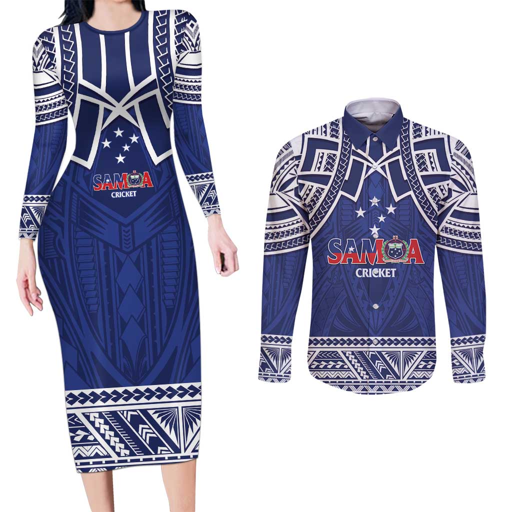 Custom Samoa Cricket Couples Matching Long Sleeve Bodycon Dress and Long Sleeve Button Shirt Go Champions Samoan LT14 Blue - Polynesian Pride