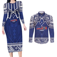 Custom Samoa Cricket Couples Matching Long Sleeve Bodycon Dress and Long Sleeve Button Shirt Go Champions Samoan LT14 Blue - Polynesian Pride