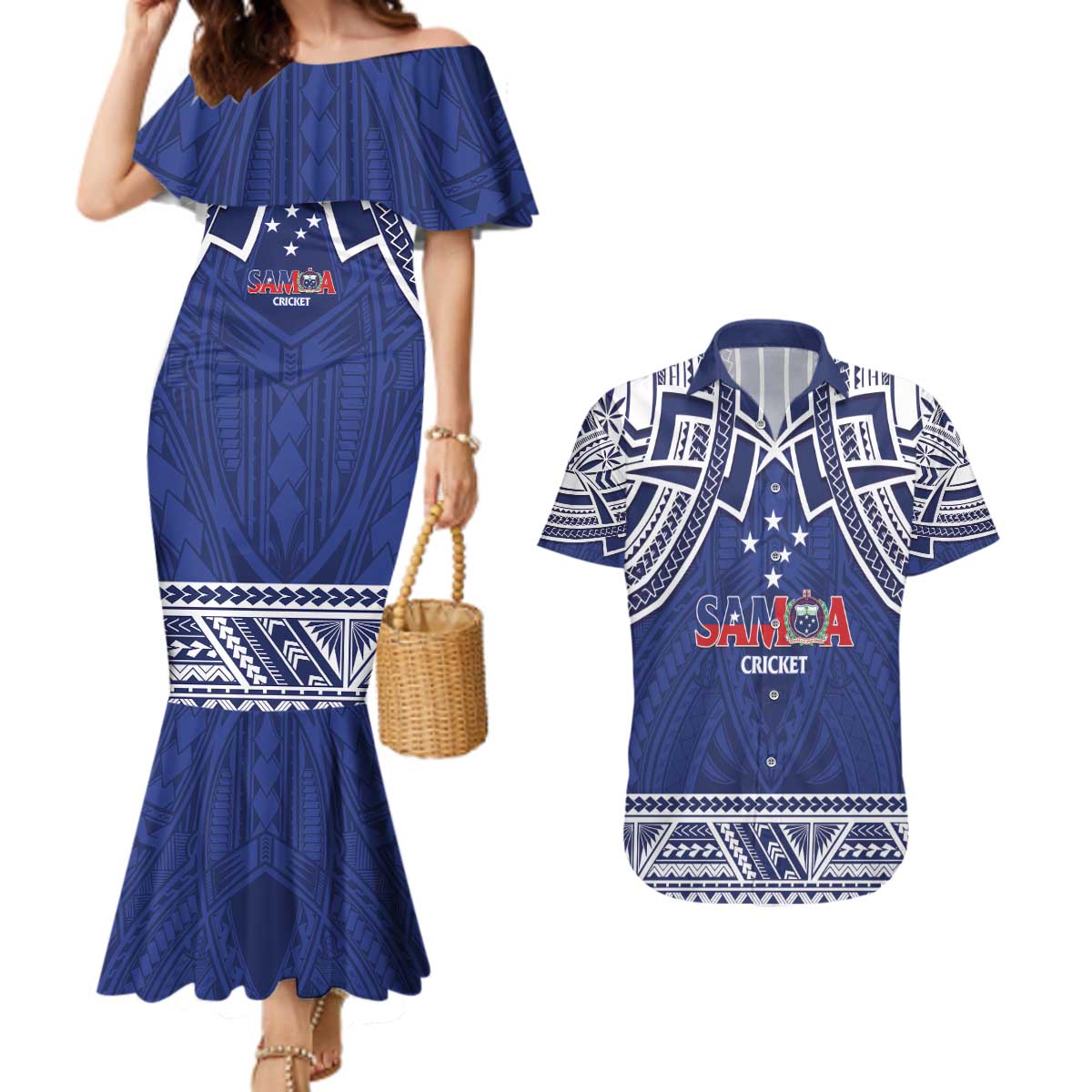 Custom Samoa Cricket Couples Matching Mermaid Dress and Hawaiian Shirt Go Champions Samoan - Polynesian Pride