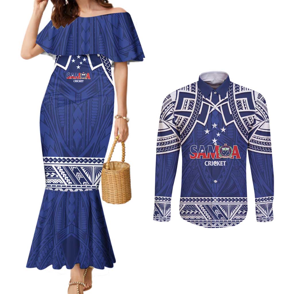 Custom Samoa Cricket Couples Matching Mermaid Dress and Long Sleeve Button Shirt Go Champions Samoan LT14 Blue - Polynesian Pride