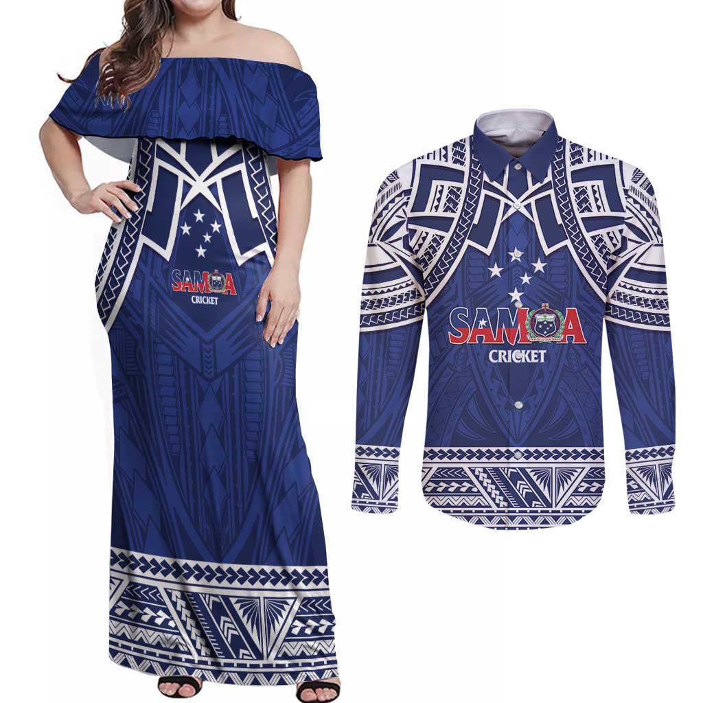Custom Samoa Cricket Couples Matching Off Shoulder Maxi Dress and Long Sleeve Button Shirt Go Champions Samoan - Polynesian Pride