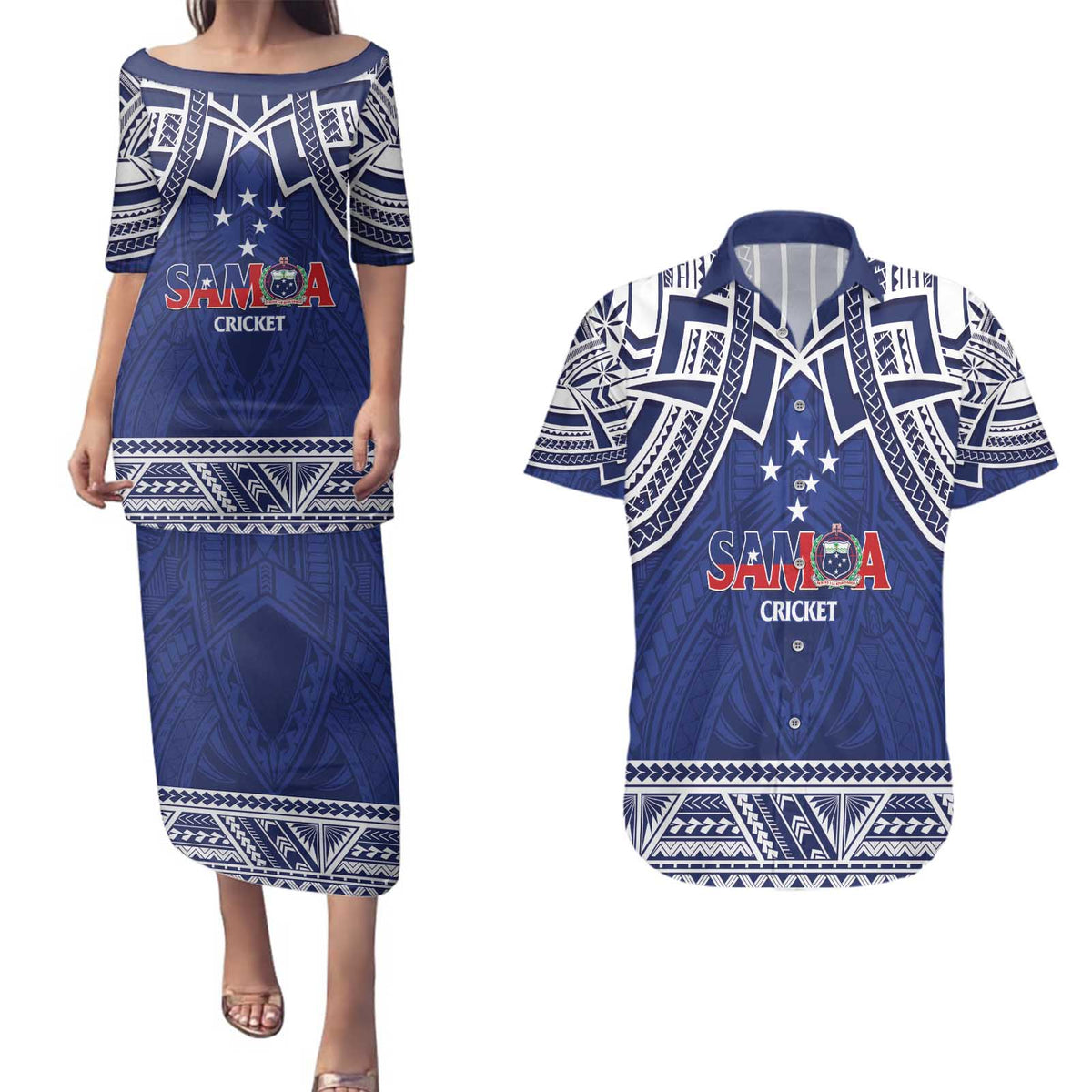 Custom Samoa Cricket Couples Matching Puletasi and Hawaiian Shirt Go Champions Samoan LT14 Blue - Polynesian Pride