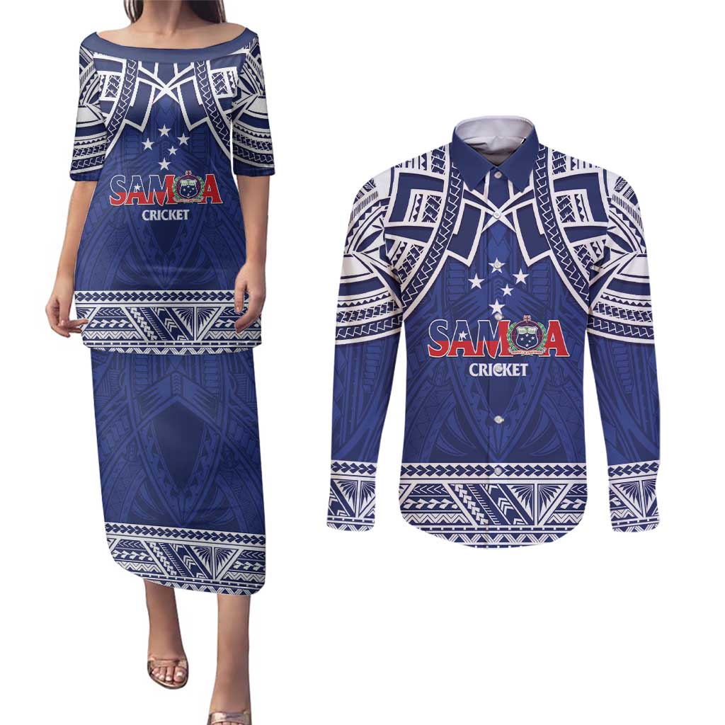 Custom Samoa Cricket Couples Matching Puletasi and Long Sleeve Button Shirt Go Champions Samoan LT14 Blue - Polynesian Pride