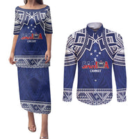 Custom Samoa Cricket Couples Matching Puletasi and Long Sleeve Button Shirt Go Champions Samoan LT14 Blue - Polynesian Pride