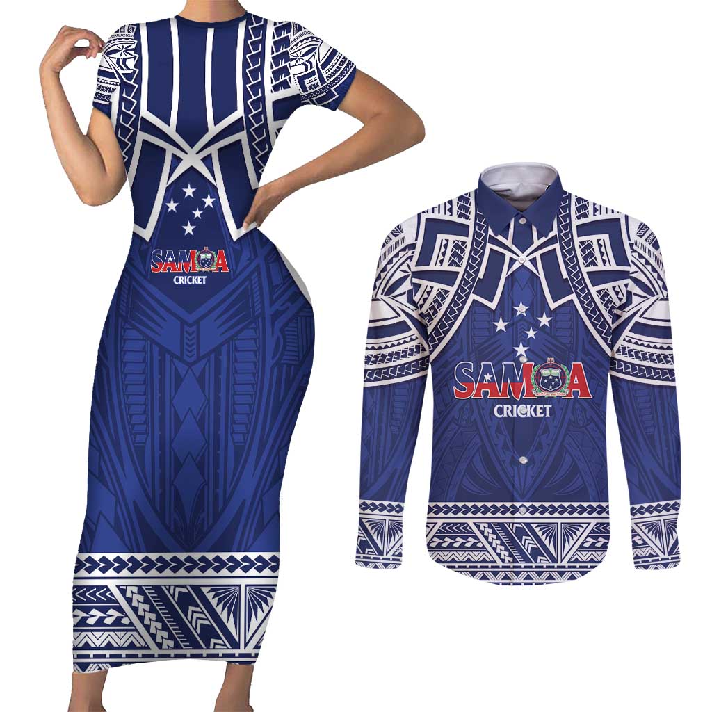 Custom Samoa Cricket Couples Matching Short Sleeve Bodycon Dress and Long Sleeve Button Shirt Go Champions Samoan LT14 Blue - Polynesian Pride