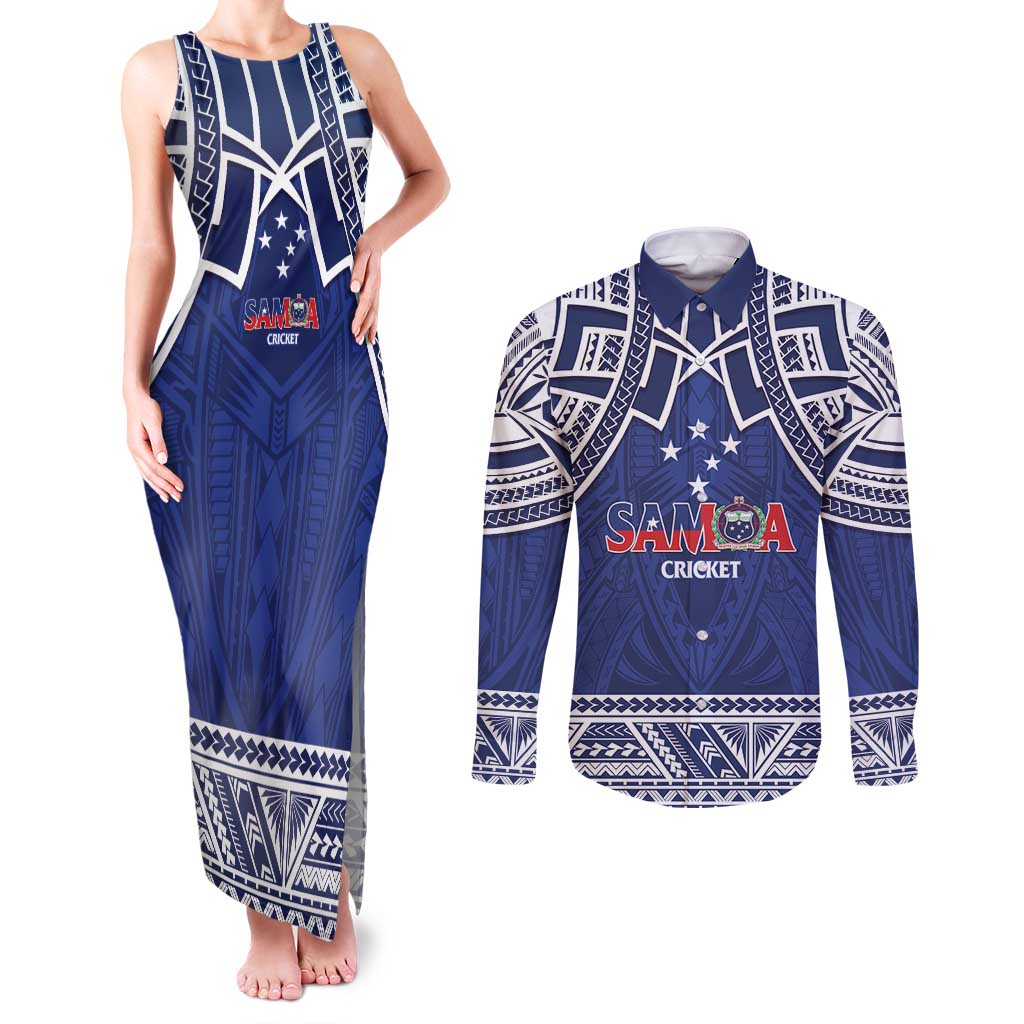 Custom Samoa Cricket Couples Matching Tank Maxi Dress and Long Sleeve Button Shirt Go Champions Samoan LT14 Blue - Polynesian Pride