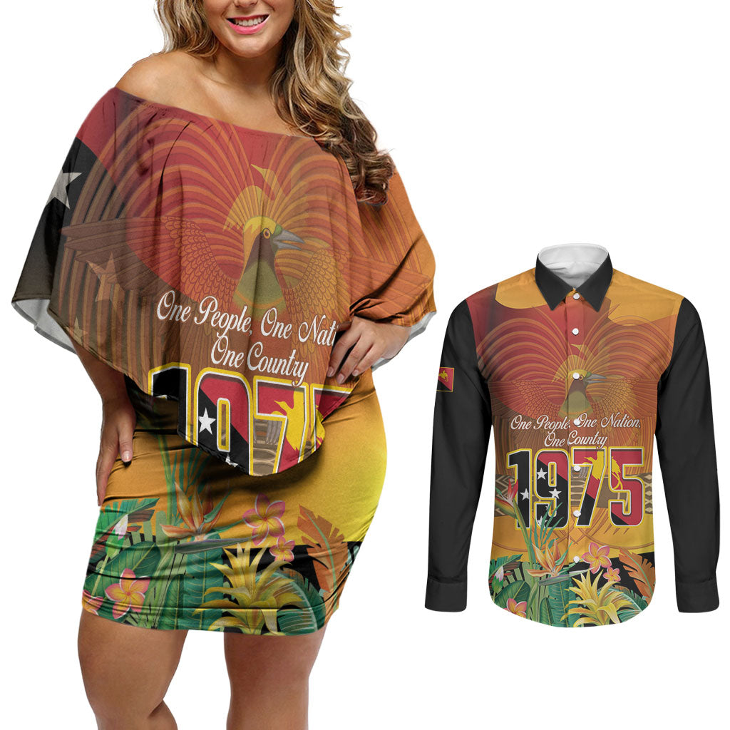 Personalised Papua New Guinea Independence Day Couples Matching Off Shoulder Short Dress and Long Sleeve Button Shirt One People One Nation One Country