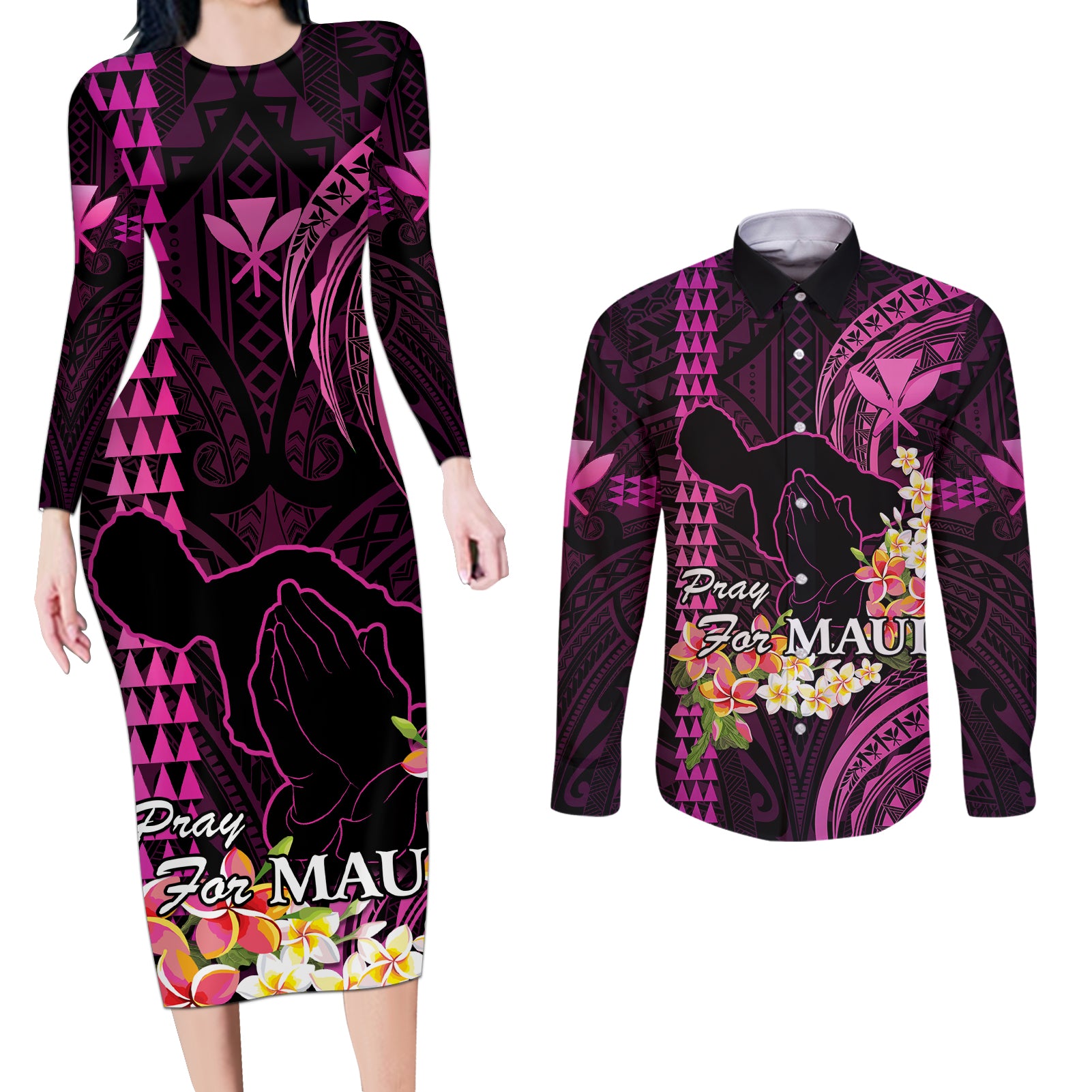 Hawaii Couples Matching Long Sleeve Bodycon Dress and Long Sleeve Button Shirts Pray For Maui Hawaiian Plumeria Be Strong Pink Verison LT14 Pink - Polynesian Pride