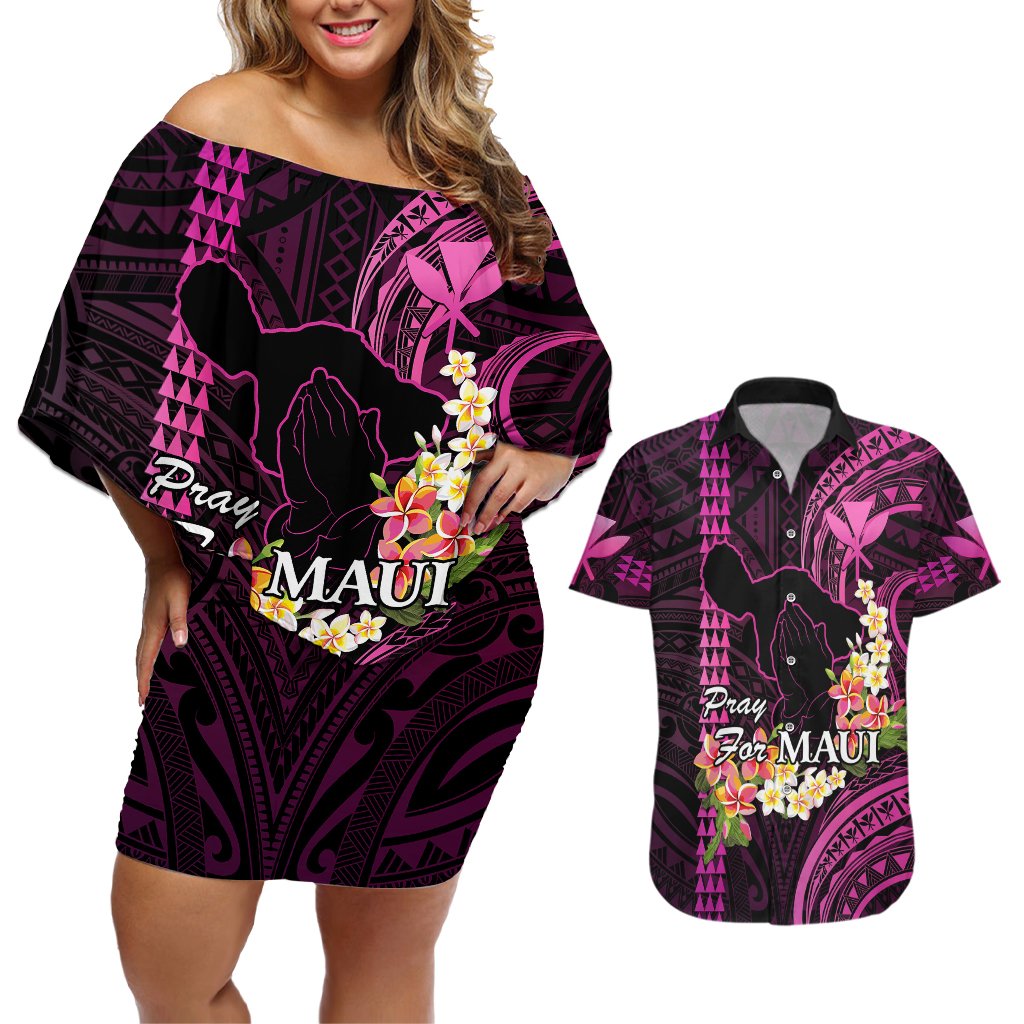 Hawaii Couples Matching Off Shoulder Short Dress and Hawaiian Shirt Pray For Maui Hawaiian Plumeria Be Strong Pink Verison LT14 Pink - Polynesian Pride