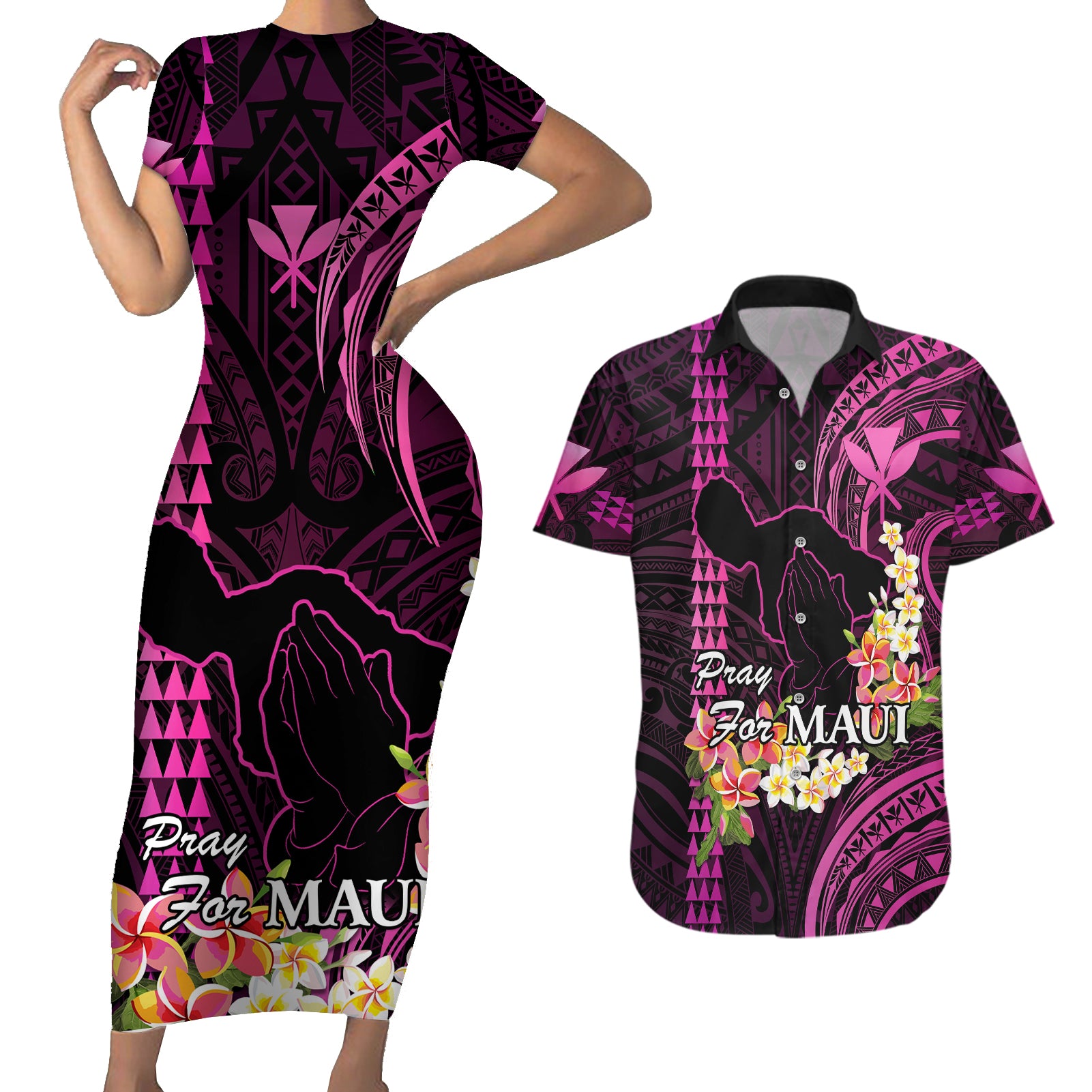 Hawaii Couples Matching Short Sleeve Bodycon Dress and Hawaiian Shirt Pray For Maui Hawaiian Plumeria Be Strong Pink Verison LT14 Pink - Polynesian Pride