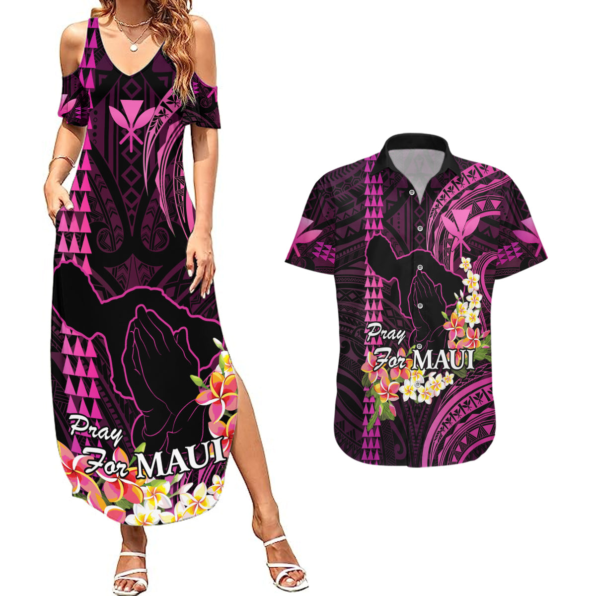 Hawaii Couples Matching Summer Maxi Dress and Hawaiian Shirt Pray For Maui Hawaiian Plumeria Be Strong Pink Verison LT14 Pink - Polynesian Pride