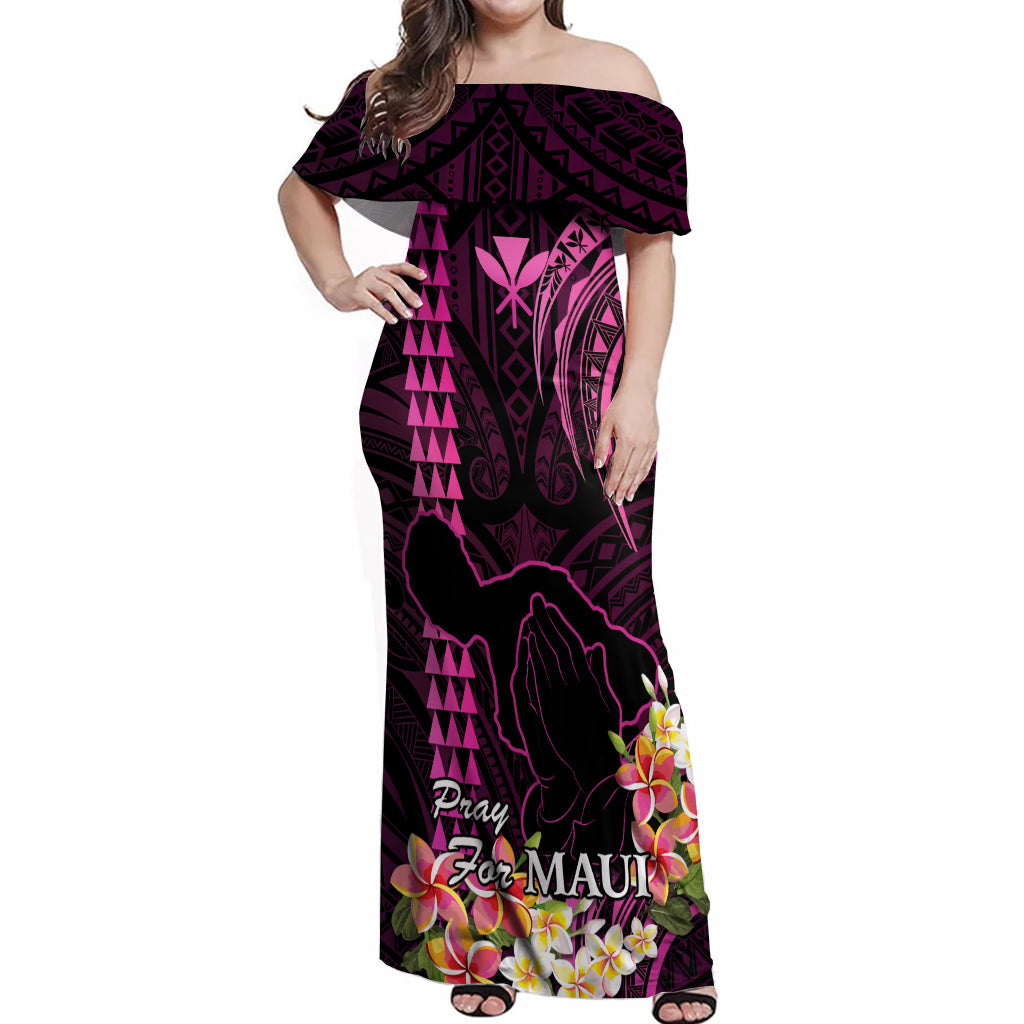 Hawaii Off Shoulder Maxi Dress Pray For Maui Hawaiian Plumeria Be Strong Pink Verison LT14 Women Pink - Polynesian Pride