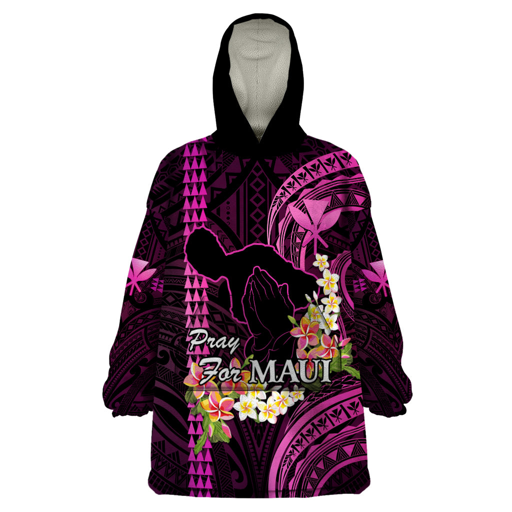 Hawaii Wearable Blanket Hoodie Pray For Maui Hawaiian Plumeria Be Strong Pink Verison LT14 One Size Pink - Polynesian Pride