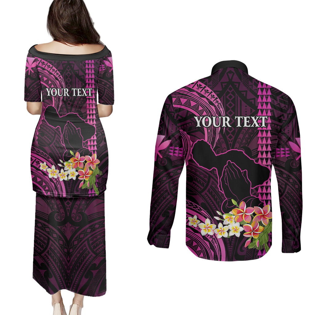Personalised Hawaii Couples Matching Puletasi Dress and Long Sleeve Button Shirts Pray For Maui Hawaiian Plumeria Be Strong Pink Verison LT14 - Polynesian Pride