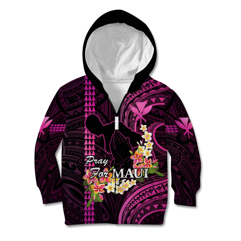 Personalised Hawaii Kid Hoodie Pray For Maui Hawaiian Plumeria Be Strong Pink Verison LT14 Zip Hoodie Pink - Polynesian Pride