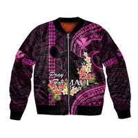 Personalised Hawaii Sleeve Zip Bomber Jacket Pray For Maui Hawaiian Plumeria Be Strong Pink Verison LT14 Unisex Pink - Polynesian Pride