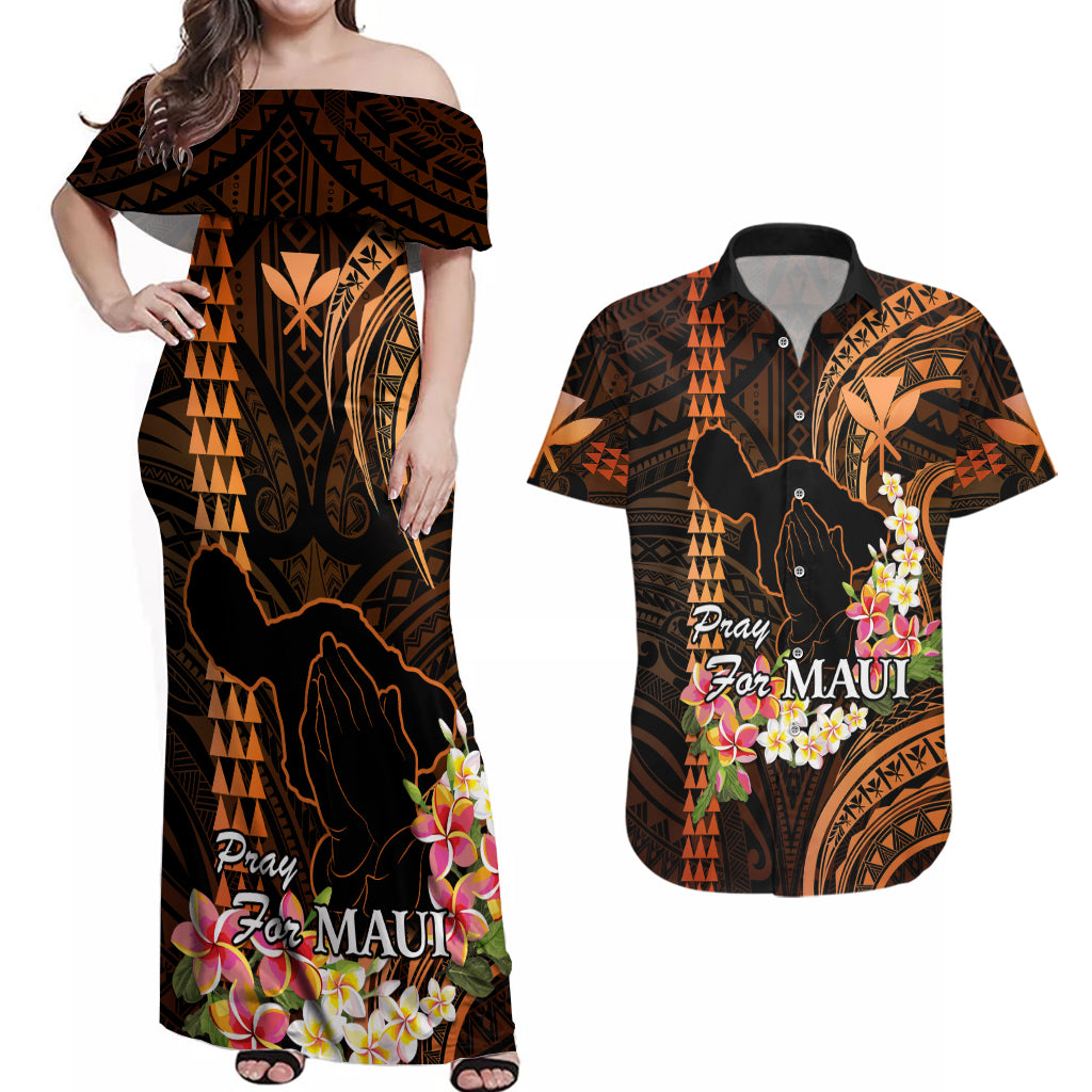 Hawaii Couples Matching Off Shoulder Maxi Dress and Hawaiian Shirt Pray For Maui Hawaiian Plumeria Be Strong Gold Verison LT14 Gold - Polynesian Pride