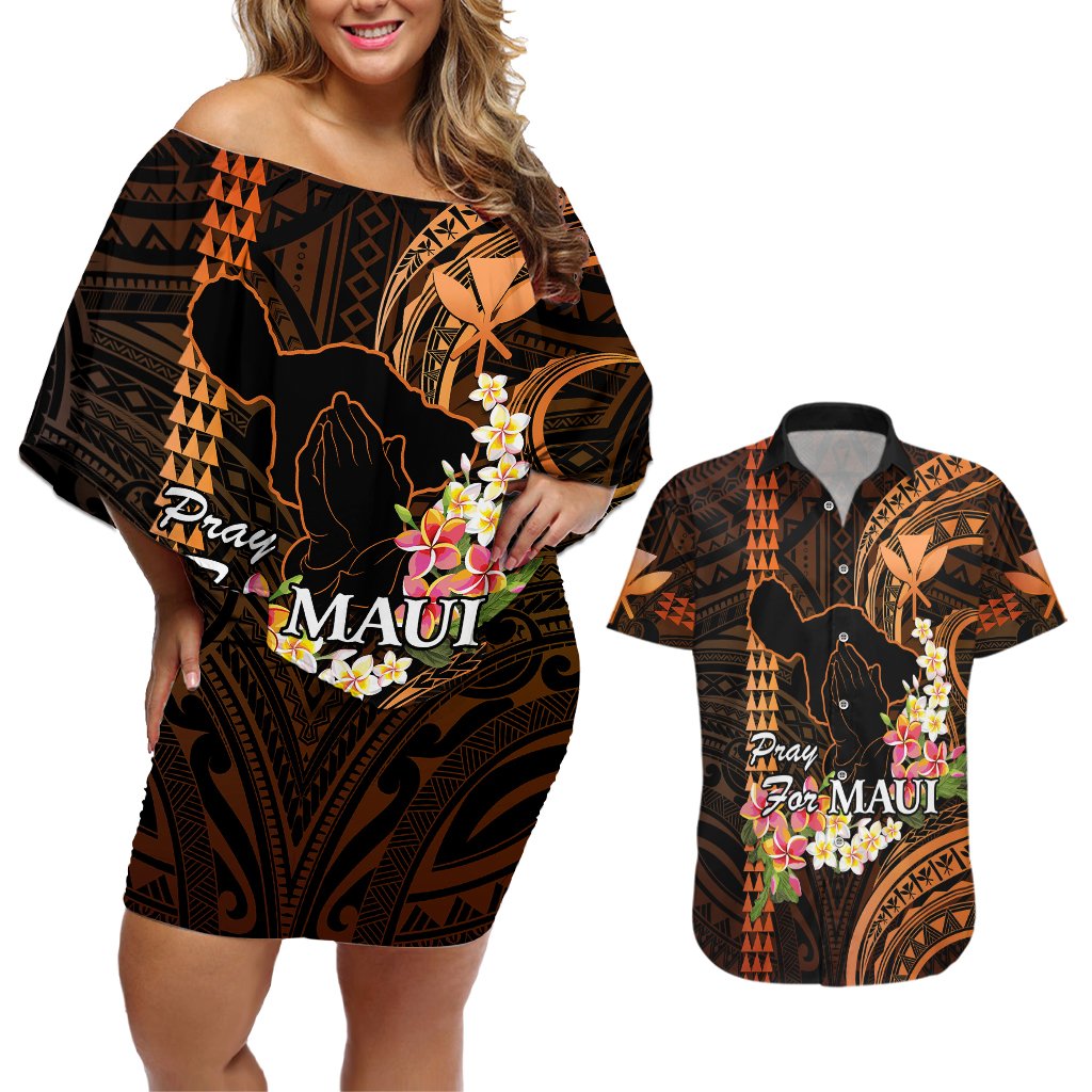 Hawaii Couples Matching Off Shoulder Short Dress and Hawaiian Shirt Pray For Maui Hawaiian Plumeria Be Strong Gold Verison LT14 Gold - Polynesian Pride