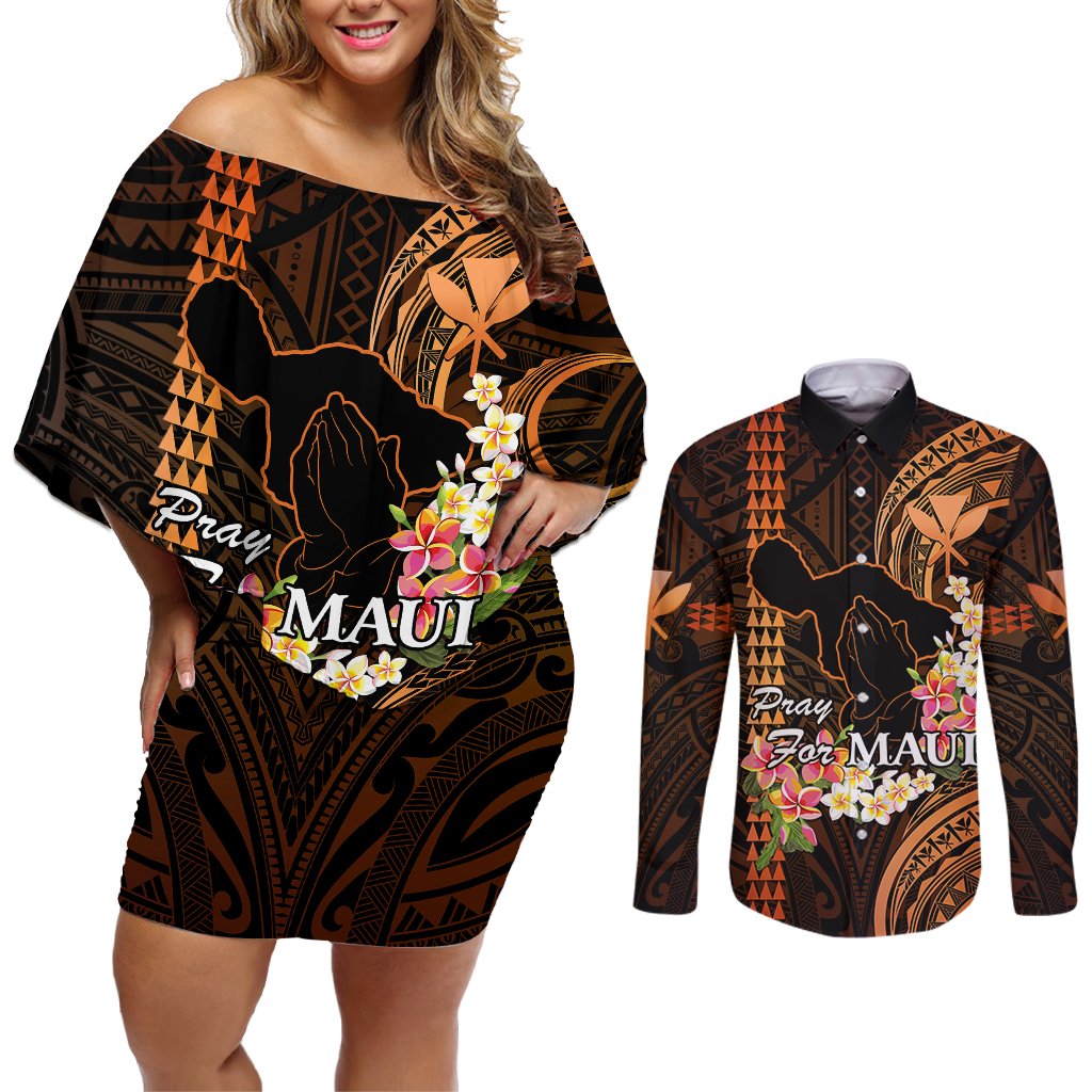 Hawaii Couples Matching Off Shoulder Short Dress and Long Sleeve Button Shirts Pray For Maui Hawaiian Plumeria Be Strong Gold Verison LT14 Gold - Polynesian Pride