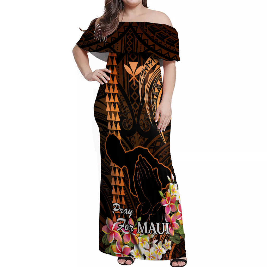 Hawaii Off Shoulder Maxi Dress Pray For Maui Hawaiian Plumeria Be Strong Gold Verison LT14 Women Gold - Polynesian Pride