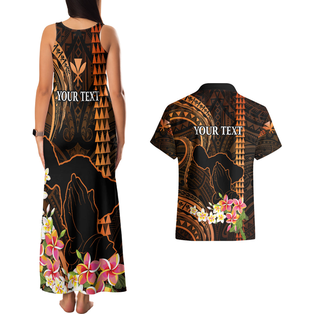 Personalised Hawaii Couples Matching Tank Maxi Dress and Hawaiian Shirt Pray For Maui Hawaiian Plumeria Be Strong Gold Verison LT14 - Polynesian Pride