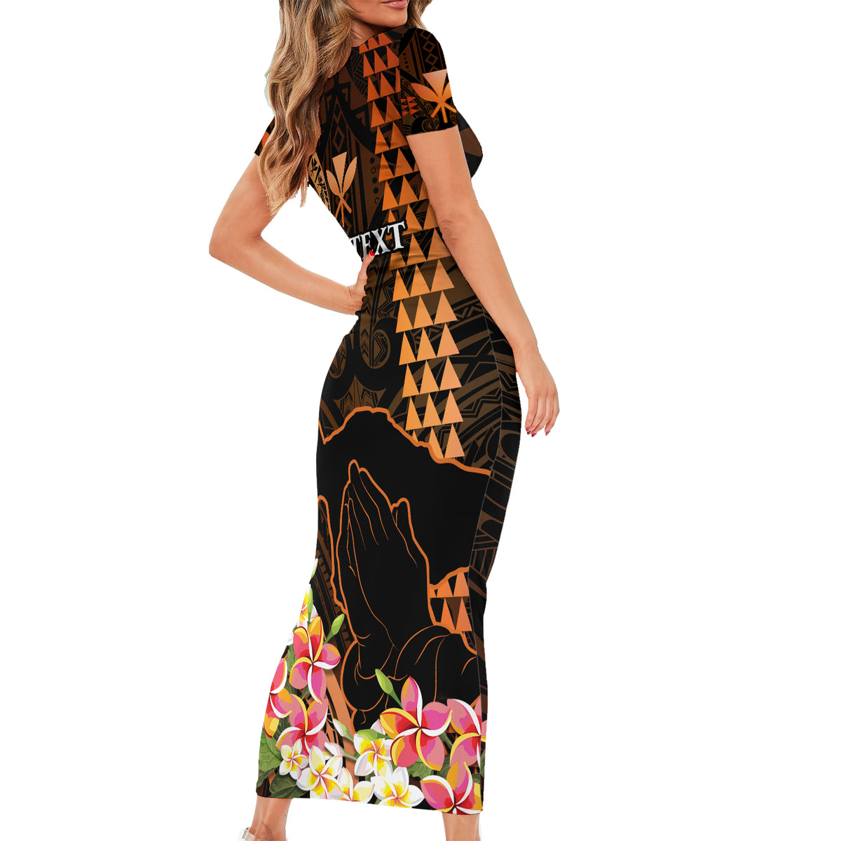 Personalised Hawaii Short Sleeve Bodycon Dress Pray For Maui Hawaiian Plumeria Be Strong Gold Verison LT14 - Polynesian Pride