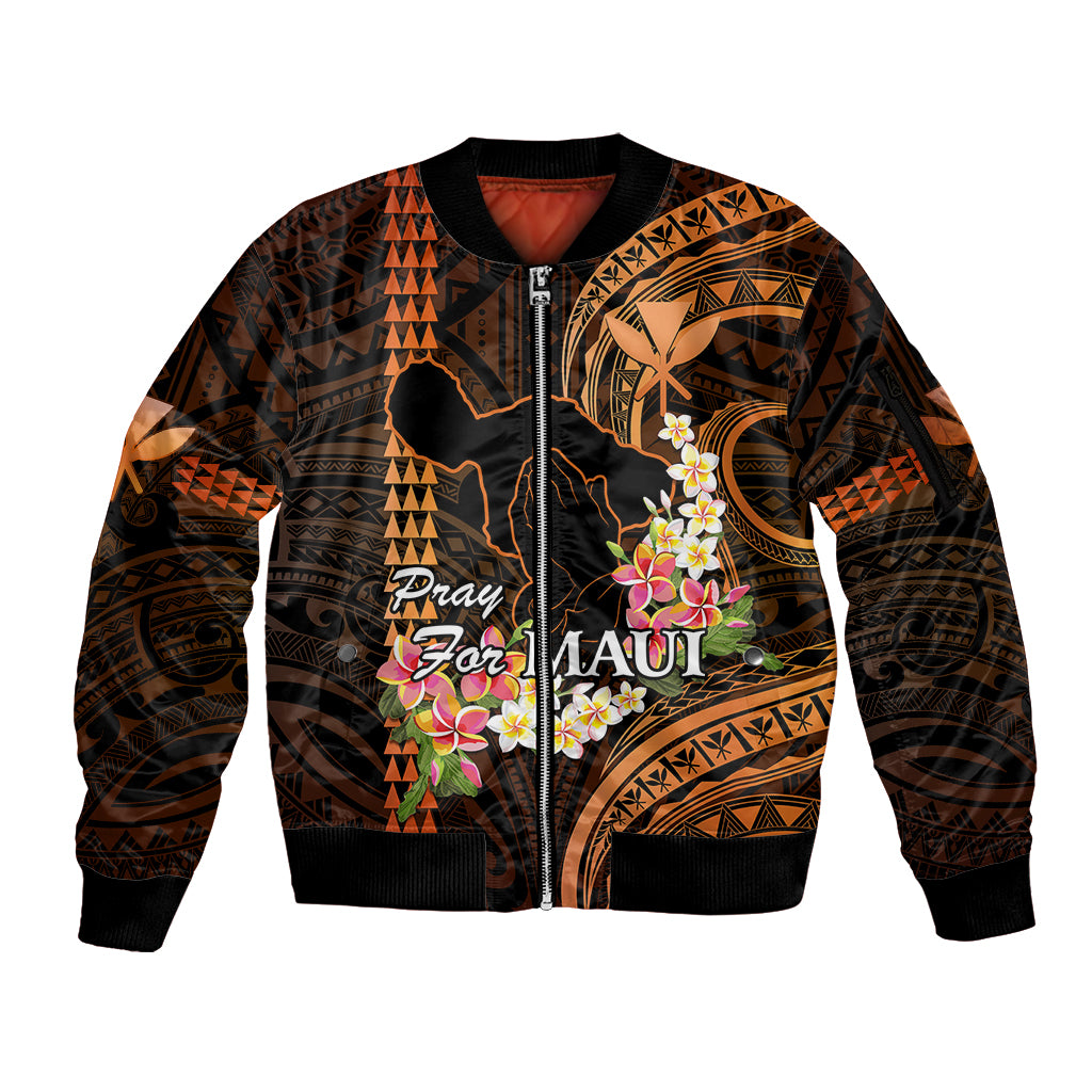 Personalised Hawaii Sleeve Zip Bomber Jacket Pray For Maui Hawaiian Plumeria Be Strong Gold Verison LT14 Unisex Gold - Polynesian Pride