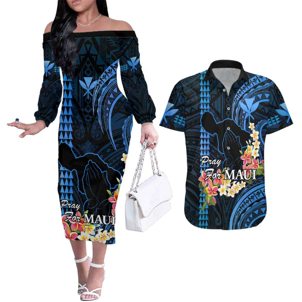 Hawaii Couples Matching Off The Shoulder Long Sleeve Dress and Hawaiian Shirt Pray For Maui Hawaiian Plumeria Be Strong Blue Verison LT14 Blue - Polynesian Pride