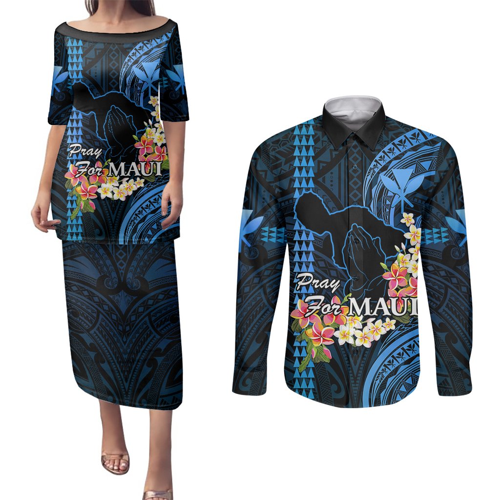 Hawaii Couples Matching Puletasi Dress and Long Sleeve Button Shirts Pray For Maui Hawaiian Plumeria Be Strong Blue Verison LT14 Blue - Polynesian Pride