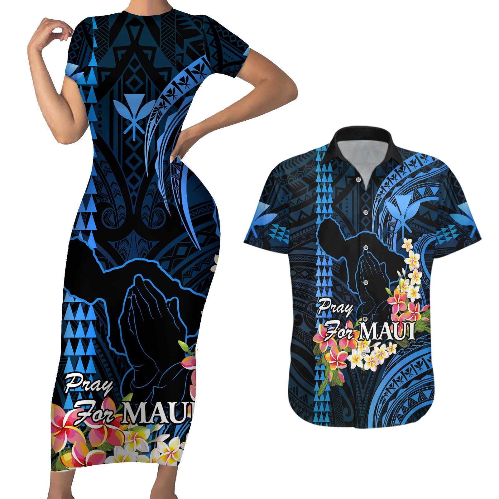 Hawaii Couples Matching Short Sleeve Bodycon Dress and Hawaiian Shirt Pray For Maui Hawaiian Plumeria Be Strong Blue Verison LT14 Blue - Polynesian Pride