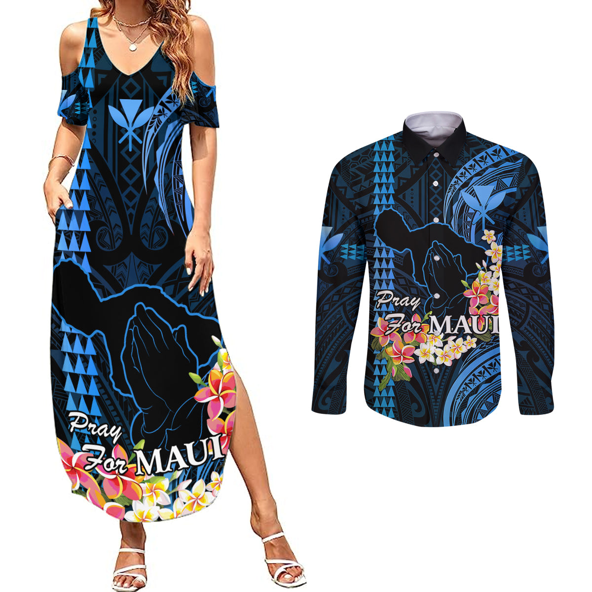 Hawaii Couples Matching Summer Maxi Dress and Long Sleeve Button Shirts Pray For Maui Hawaiian Plumeria Be Strong Blue Verison LT14 Blue - Polynesian Pride