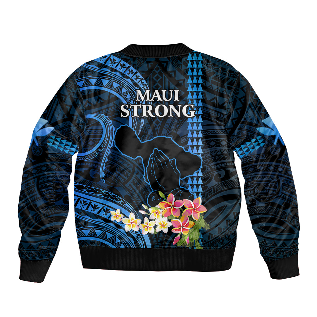 Hawaii Sleeve Zip Bomber Jacket Pray For Maui Hawaiian Plumeria Be Strong Blue Verison LT14 - Polynesian Pride