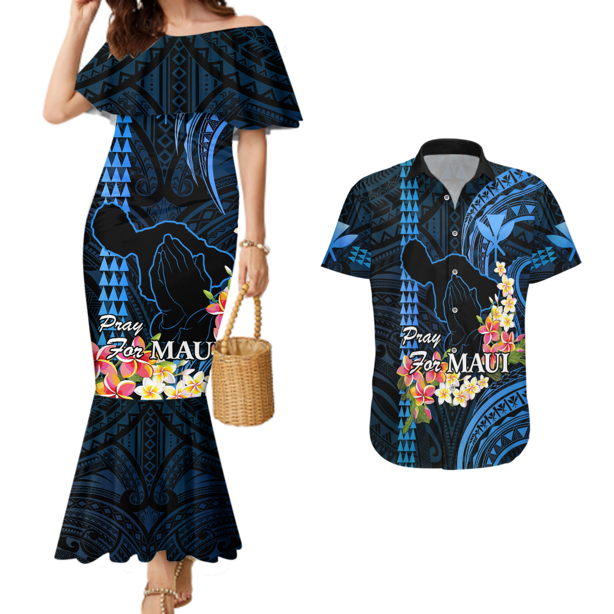 Personalised Hawaii Couples Matching Mermaid Dress and Hawaiian Shirt Pray For Maui Hawaiian Plumeria Be Strong Blue Verison LT14 Blue - Polynesian Pride