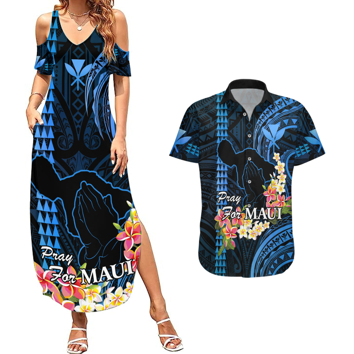 Personalised Hawaii Couples Matching Summer Maxi Dress and Hawaiian Shirt Pray For Maui Hawaiian Plumeria Be Strong Blue Verison LT14 Blue - Polynesian Pride