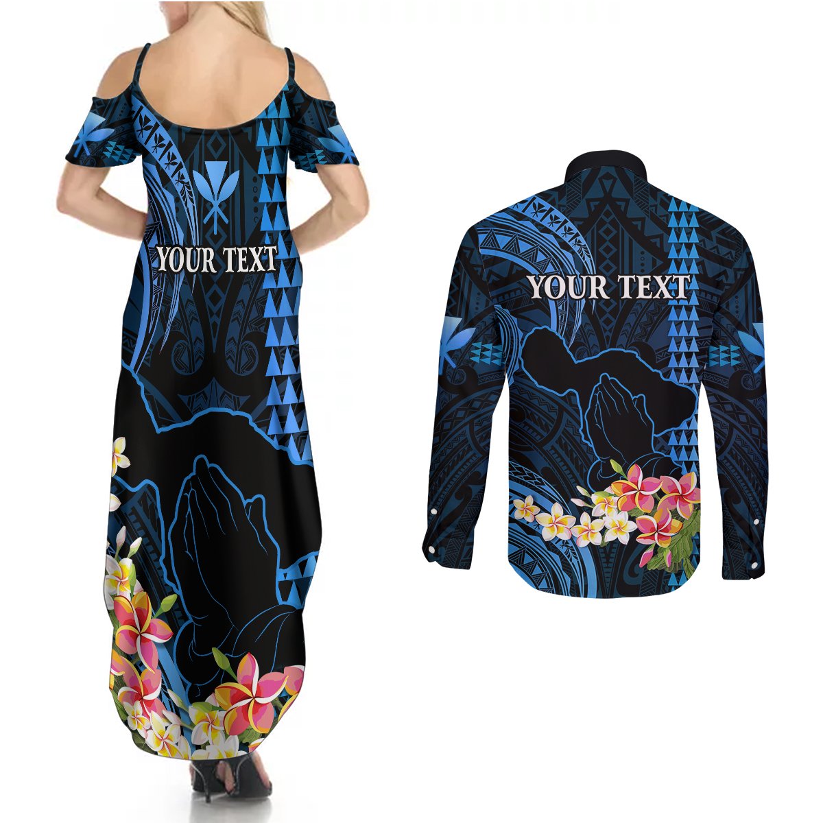 Personalised Hawaii Couples Matching Summer Maxi Dress and Long Sleeve Button Shirts Pray For Maui Hawaiian Plumeria Be Strong Blue Verison LT14 - Polynesian Pride