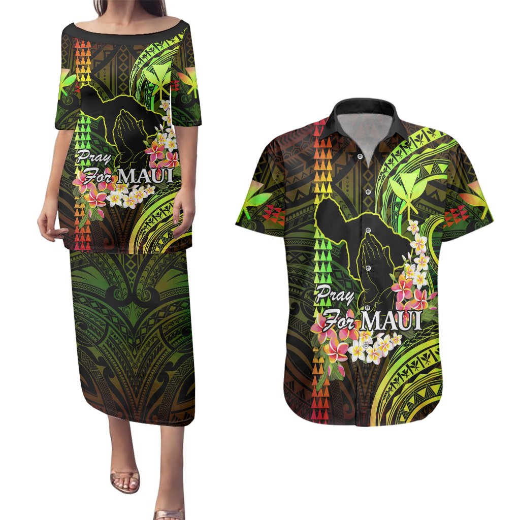 Hawaii Couples Matching Puletasi Dress and Hawaiian Shirt Pray For Maui Hawaiian Plumeria Be Strong Reggae Verison LT14 Reggae - Polynesian Pride