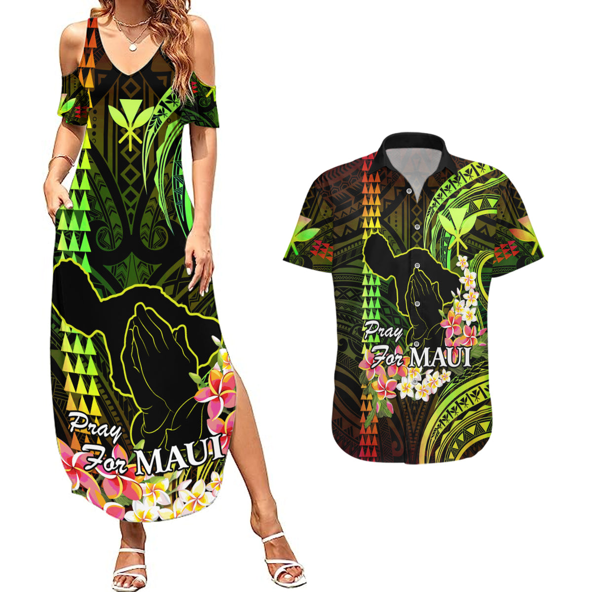 Hawaii Couples Matching Summer Maxi Dress and Hawaiian Shirt Pray For Maui Hawaiian Plumeria Be Strong Reggae Verison LT14 Reggae - Polynesian Pride