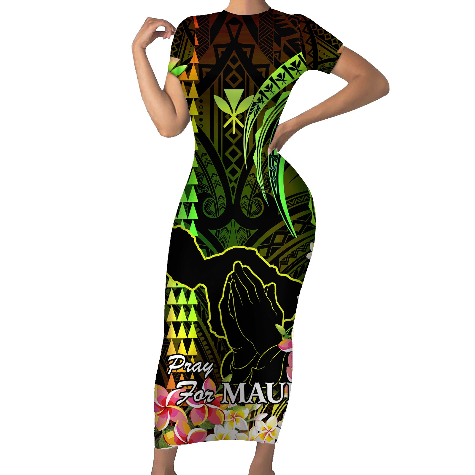 Hawaii Short Sleeve Bodycon Dress Pray For Maui Hawaiian Plumeria Be Strong Reggae Verison LT14 Long Dress Reggae - Polynesian Pride