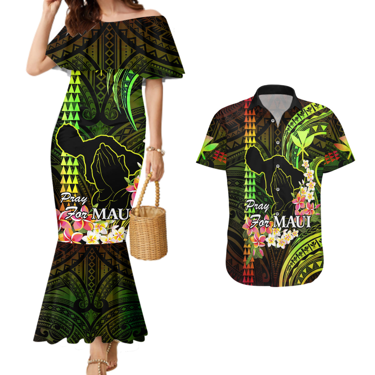 Personalised Hawaii Couples Matching Mermaid Dress and Hawaiian Shirt Pray For Maui Hawaiian Plumeria Be Strong Reggae Verison LT14 Reggae - Polynesian Pride