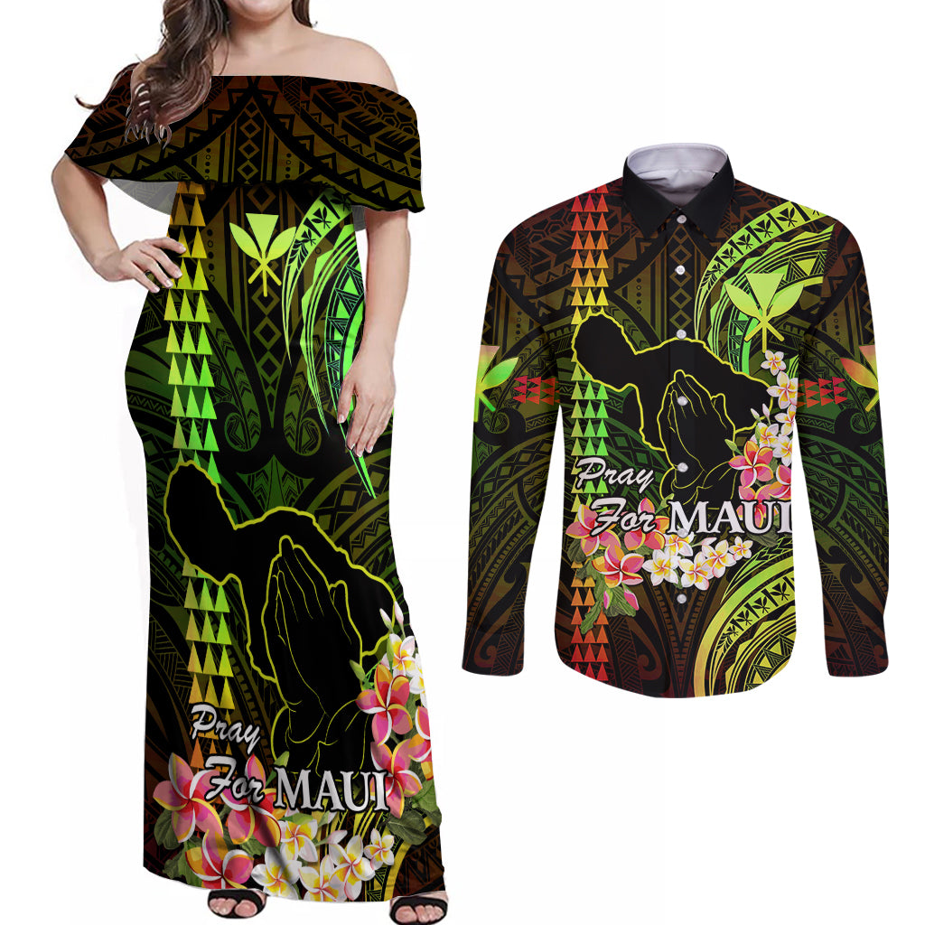 Personalised Hawaii Couples Matching Off Shoulder Maxi Dress and Long Sleeve Button Shirts Pray For Maui Hawaiian Plumeria Be Strong Reggae Verison LT14 Reggae - Polynesian Pride