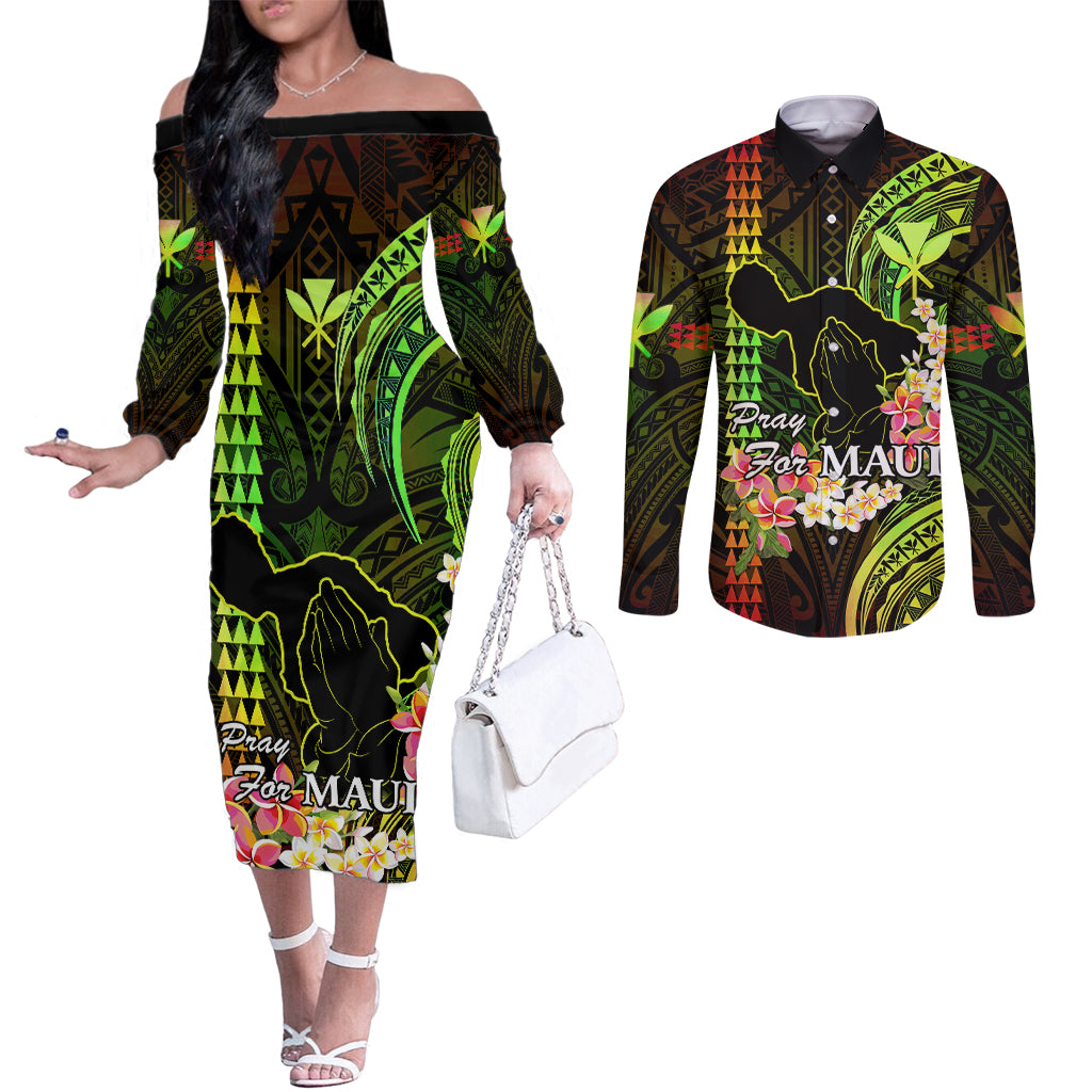 Personalised Hawaii Couples Matching Off The Shoulder Long Sleeve Dress and Long Sleeve Button Shirts Pray For Maui Hawaiian Plumeria Be Strong Reggae Verison LT14 Reggae - Polynesian Pride