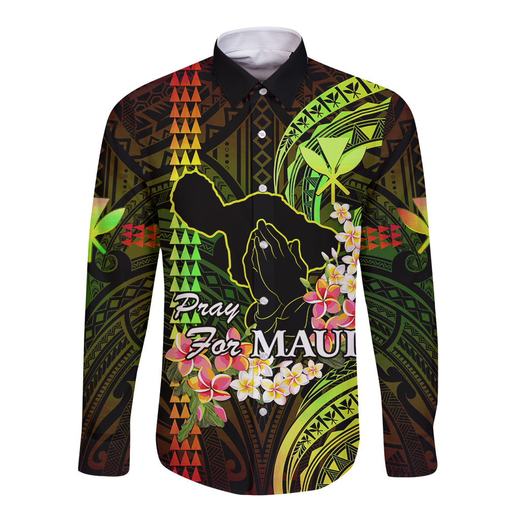 Personalised Hawaii Long Sleeve Button Shirt Pray For Maui Hawaiian Plumeria Be Strong Reggae Verison LT14 Unisex Reggae - Polynesian Pride