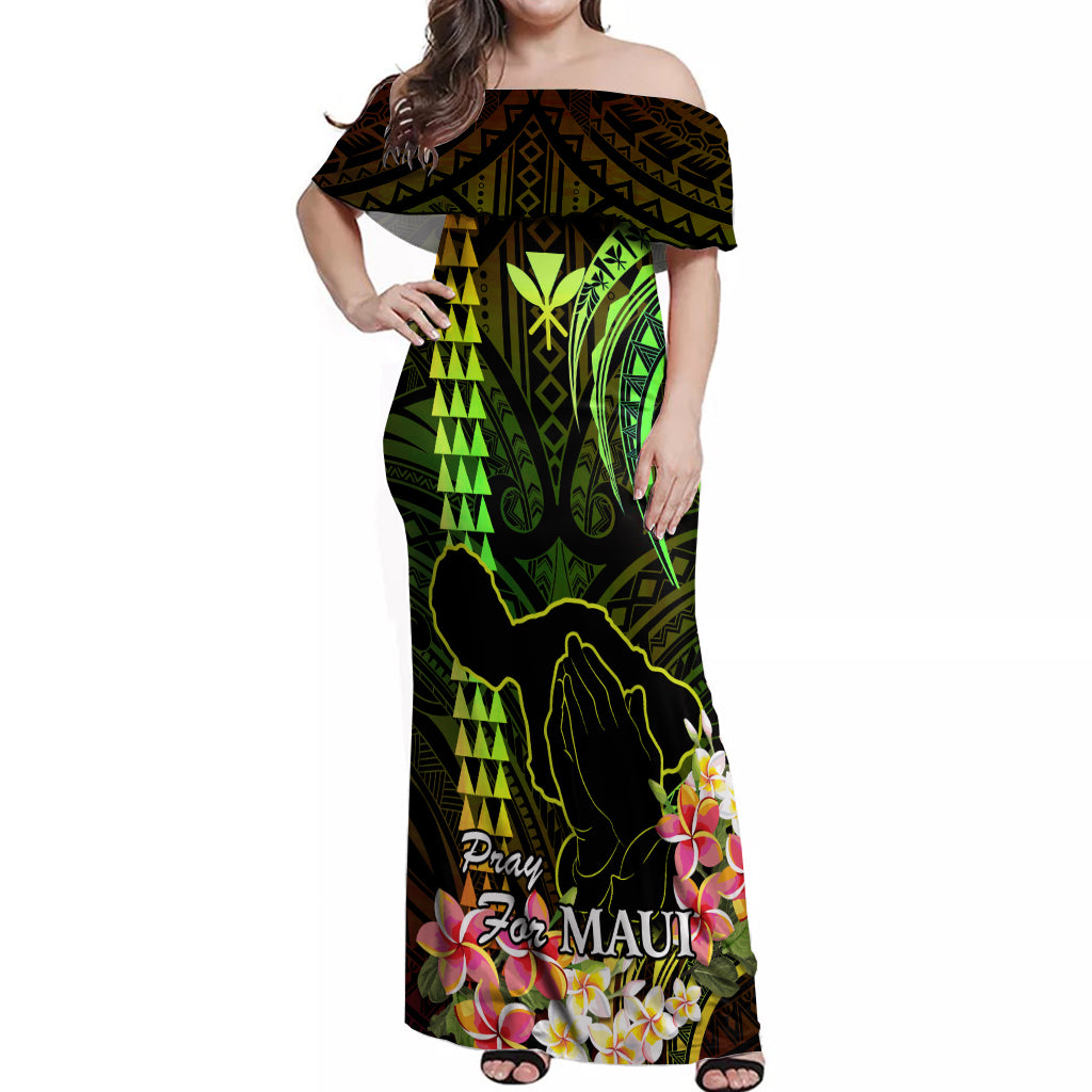 Personalised Hawaii Off Shoulder Maxi Dress Pray For Maui Hawaiian Plumeria Be Strong Reggae Verison LT14 Women Reggae - Polynesian Pride