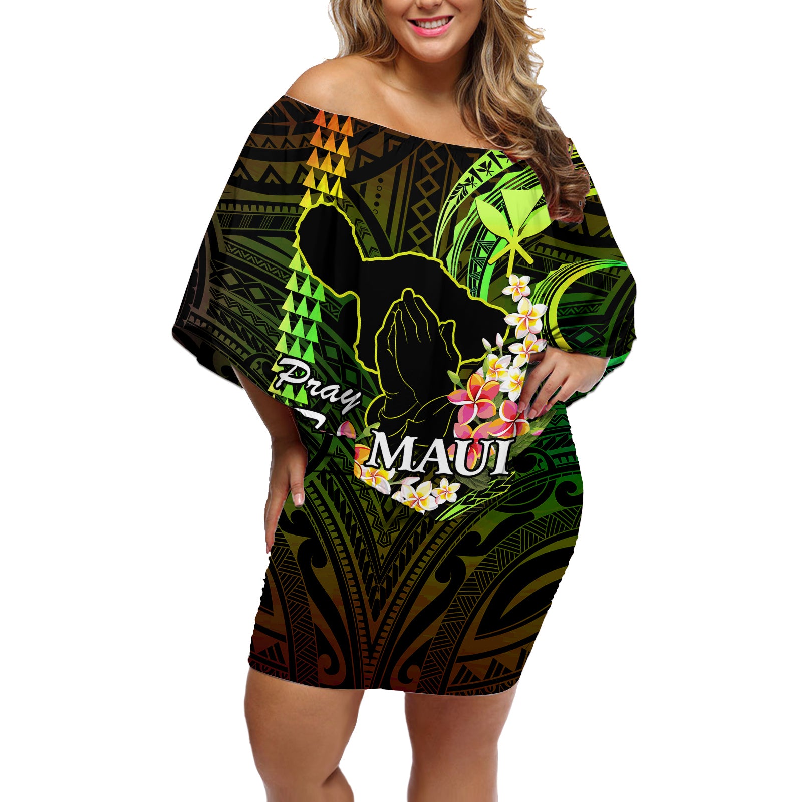 Personalised Hawaii Off Shoulder Short Dress Pray For Maui Hawaiian Plumeria Be Strong Reggae Verison LT14 Women Reggae - Polynesian Pride