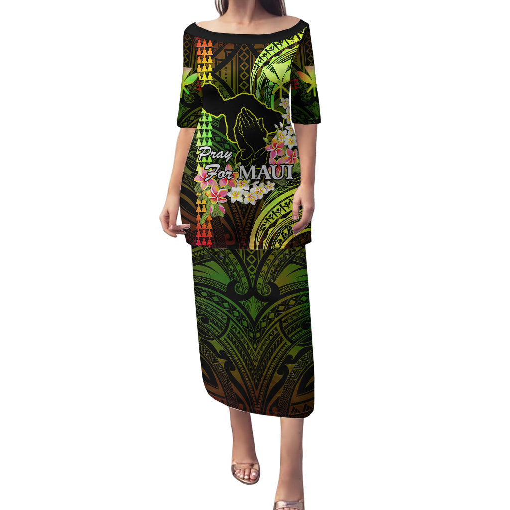 Personalised Hawaii Puletasi Pray For Maui Hawaiian Plumeria Be Strong Reggae Verison LT14 Long Dress Reggae - Polynesian Pride