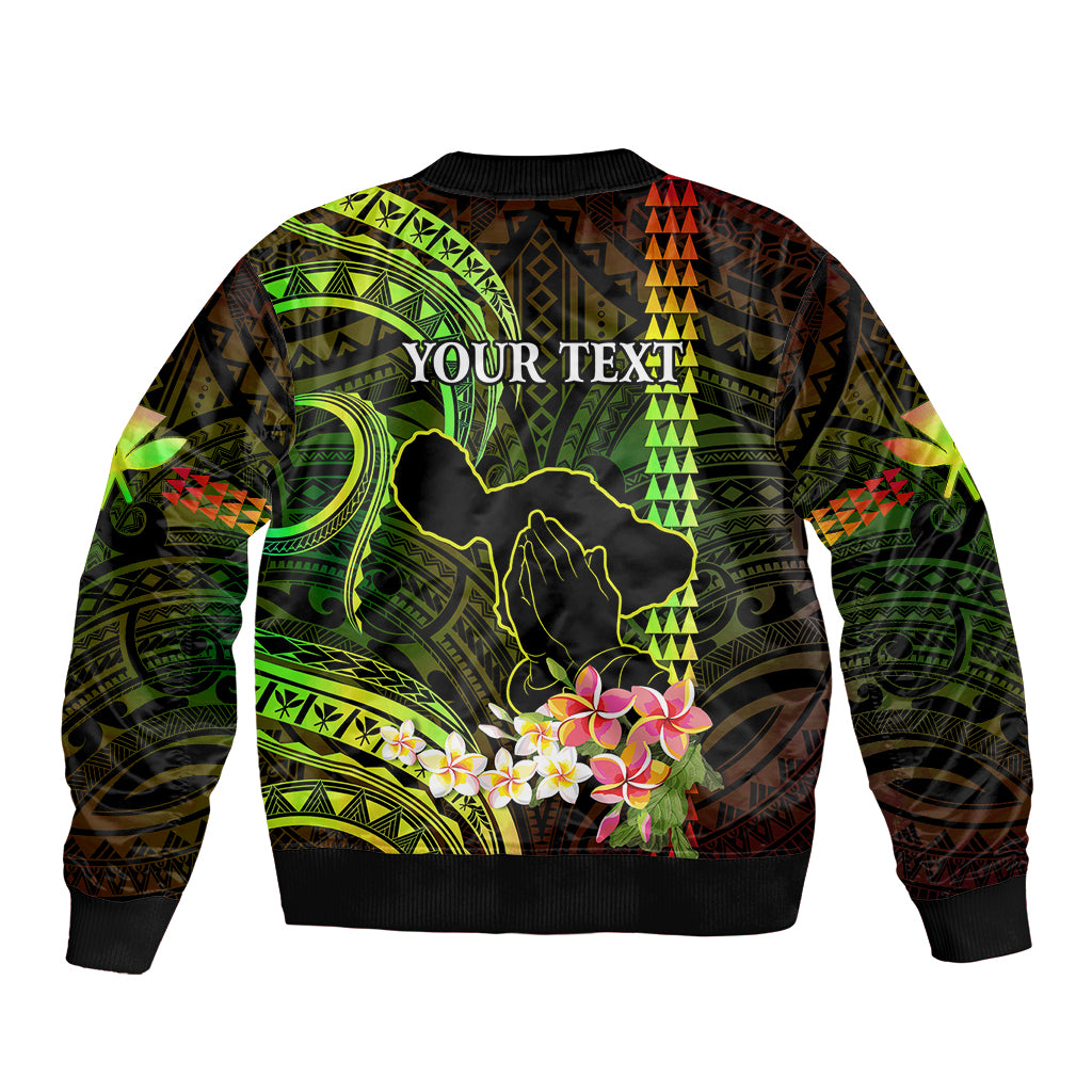 Personalised Hawaii Sleeve Zip Bomber Jacket Pray For Maui Hawaiian Plumeria Be Strong Reggae Verison LT14 - Polynesian Pride