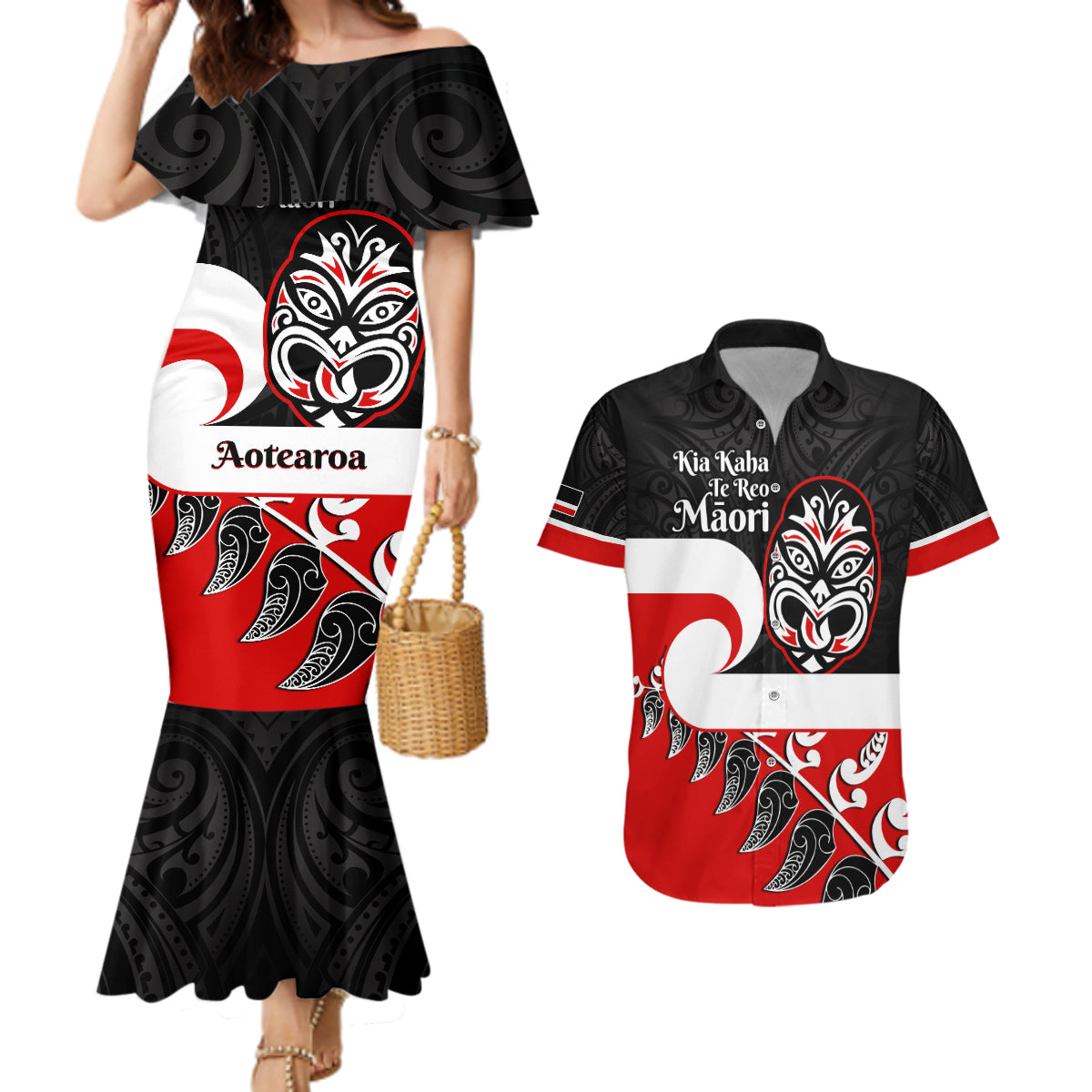 Personalised Te Reo Maori New Zealand Couples Matching Mermaid Dress and Hawaiian Shirt Kia Haka Maori Fern With Tino Rangatiratanga LT14 Red - Polynesian Pride