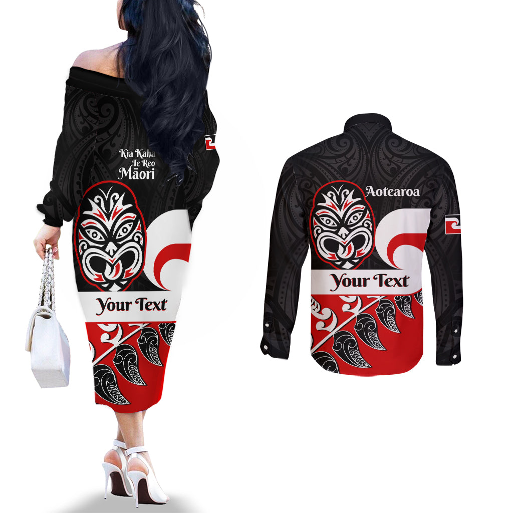Personalised Te Reo Maori New Zealand Couples Matching Off The Shoulder Long Sleeve Dress and Long Sleeve Button Shirts Kia Haka Maori Fern With Tino Rangatiratanga LT14 - Polynesian Pride