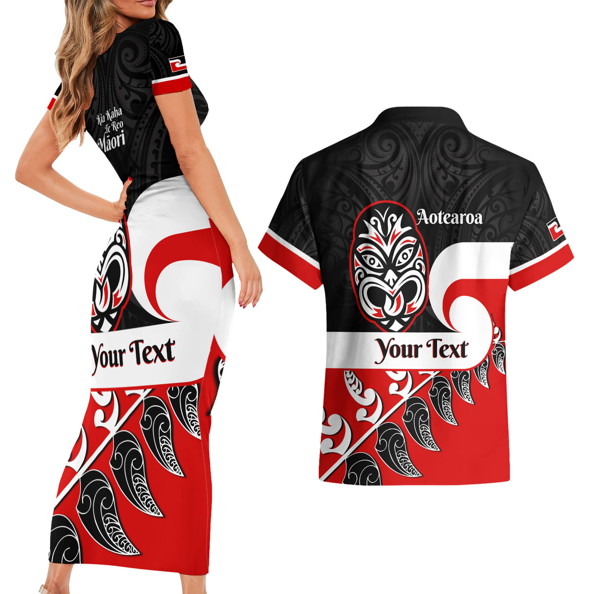 Personalised Te Reo Maori New Zealand Couples Matching Short Sleeve Bodycon Dress and Hawaiian Shirt Kia Haka Maori Fern With Tino Rangatiratanga LT14 - Polynesian Pride