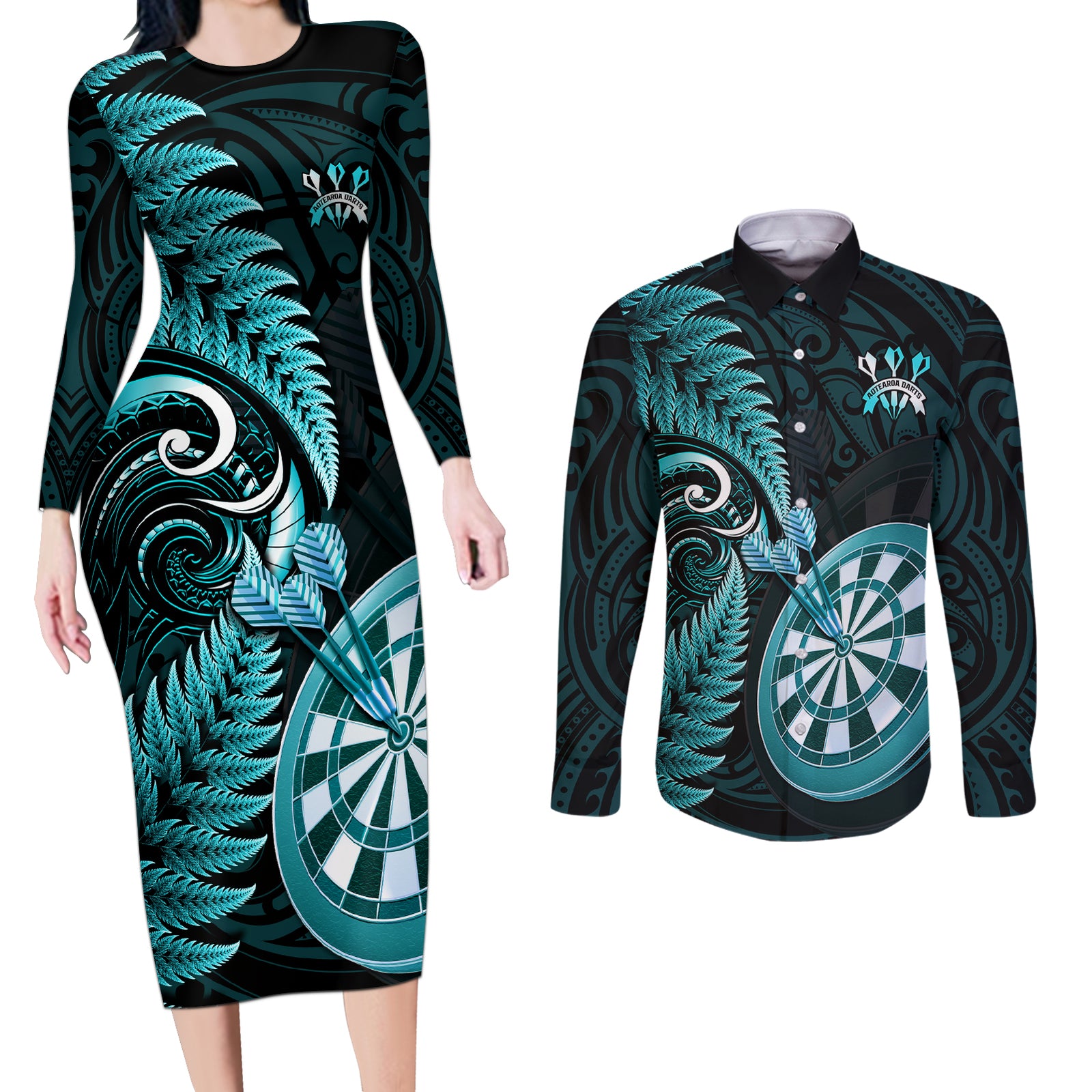 New Zealand Darts Couples Matching Long Sleeve Bodycon Dress and Long Sleeve Button Shirts Happiness Is A Tight Threesome Maori Turquoise LT14 Turquoise - Polynesian Pride